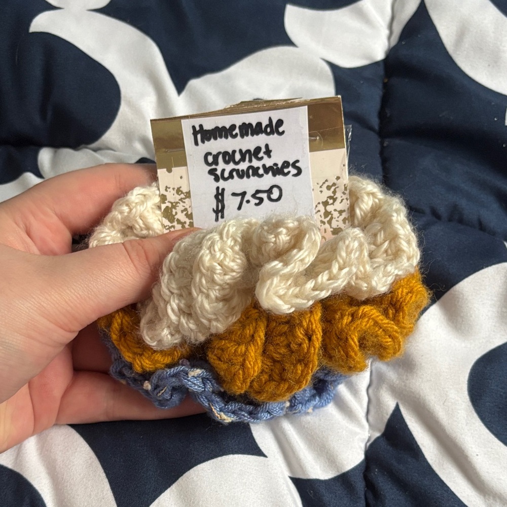 Handmade Crochet Scrunchies Set - Cream, Gold, Blue